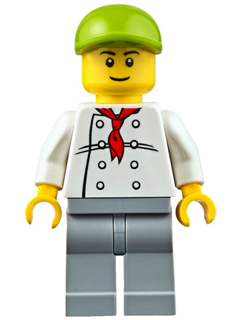 This LEGO minifigure is called, Chef, White Torso with 8 Buttons, Light Bluish Gray Legs, Lime Short Bill Cap (Fire Station Hot Dog Vendor) . It's minifig ID is cty0671.