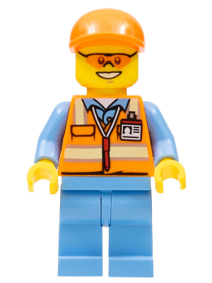 This LEGO minifigure is called, Orange Safety Vest with Reflective Stripes, Medium Blue Legs, Orange Short Bill Cap, Orange Sunglasses . It's minifig ID is cty0677.