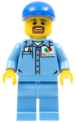 This LEGO minifigure is called, Medium Blue Uniform Shirt with Pocket and Octan Logo, Medium Blue Legs, Blue Short Bill Cap, Goatee . It's minifig ID is cty0679.