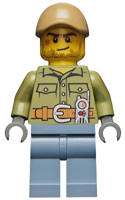 This LEGO minifigure is called, Volcano Explorer, Male, Shirt with Belt and Radio, Dark Tan Cap with Hole, Crooked Smile and Scar . It's minifig ID is cty0683.