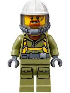 This LEGO minifigure is called, Volcano Explorer, Male Worker, Suit with Harness, Construction Helmet, Breathing Neck Gear with Yellow Air Tanks, Trans-Brown Visor, Goatee . It's minifig ID is cty0685.