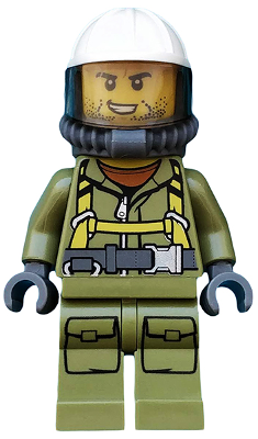 This LEGO minifigure is called, Volcano Explorer, Male Worker, Suit with Harness, Construction Helmet, Breathing Neck Gear with Yellow Air Tanks, Trans-Brown Visor, Stubble . It's minifig ID is cty0686.