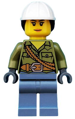 This LEGO minifigure is called, Volcano Explorer, Female, Shirt with Belt and Shoulder Ropes, White Construction Helmet with Dark Brown Ponytail Hair . It's minifig ID is cty0687.