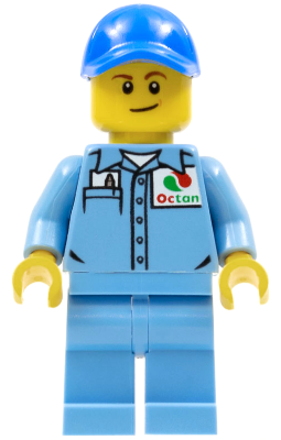 This LEGO minifigure is called, Medium Blue Uniform Shirt with Pocket and Octan Logo, Medium Blue Legs, Blue Cap with Hole, Lopsided Smile . It's minifig ID is cty0689.