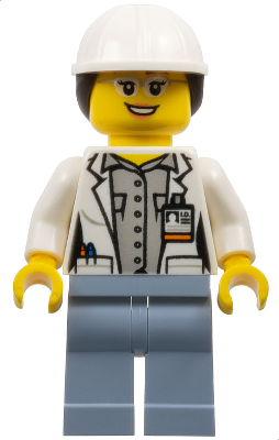 This LEGO minifigure is called, Volcano Explorer, Female Scientist, White Construction Helmet with Dark Brown Ponytail Hair . It's minifig ID is cty0693.