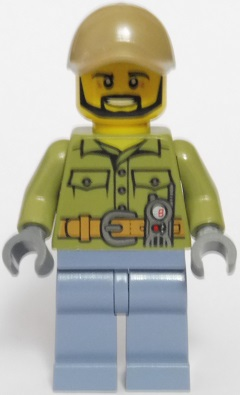 This LEGO minifigure is called, Volcano Explorer, Male, Shirt with Belt and Radio, Dark Tan Cap with Hole, Black Angular Beard . It's minifig ID is cty0695.