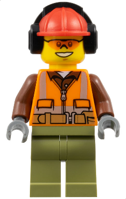 This LEGO minifigure is called, Construction Worker, Male, Orange Safety Vest, Reflective Stripes, Reddish Brown Shirt, Dark Tan Legs, Red Construction Helmet with Black Ear Protectors / Headphones, Safety Glasses . It's minifig ID is cty0699.