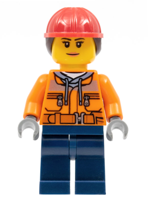 This LEGO minifigure is called, Construction Worker, Female, Orange Safety Jacket, Reflective Stripe, Sand Blue Hoodie, Dark Blue Legs, Red Construction Helmet with Dark Brown Ponytail Hair, Peach Lips . It's minifig ID is cty0700.