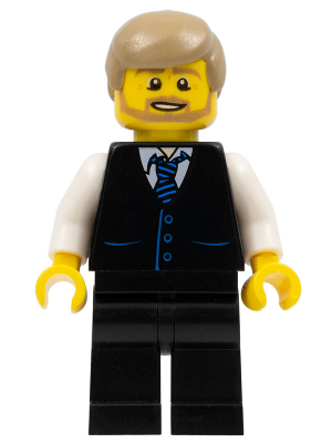 This LEGO minifigure is called, Black Vest with Blue Striped Tie, Black Legs, White Arms, Dark Tan Male Hair, Dark Tan Beard . It's minifig ID is cty0705.