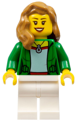 This LEGO minifigure is called, Airplane Passenger, Female, Green Jacket Open with Necklace, White Legs, Medium Nougat Hair over Shoulder, Open Mouth Smile with Teeth . It's minifig ID is cty0706.