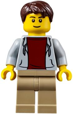 This LEGO minifigure is called, Light Bluish Gray Hoodie with Dark Red Shirt, Dark Tan Legs, Dark Brown Tousled Hair, Thin Grin . It's minifig ID is cty0707.