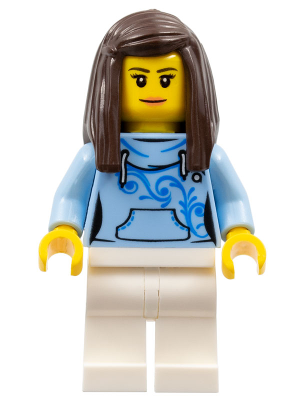 This LEGO minifigure is called, Pizza Van Customer Female, Bright Light Blue Hoodie with Swirl Flower Pattern, Dark Brown Hair . It's minifig ID is cty0710.