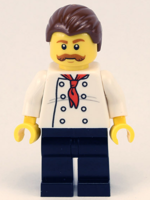 This LEGO minifigure is called, Pizza Van Chef, Black Legs, Reddish Brown Moustache . It's minifig ID is cty0711.