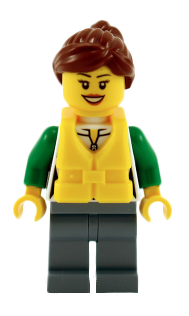 This LEGO minifigure is called, Angler Female, Sand Blue Legs, Reddish Brown Hair, Peach Lips, Life Jacket Center Buckle . It's minifig ID is cty0713.