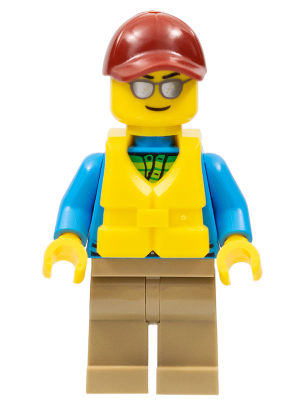 This LEGO minifigure is called, Angler Male, Dark Tan Legs, Dark Red Cap, Silver Sunglasses, Life Jacket Center Buckle . It's minifig ID is cty0714.