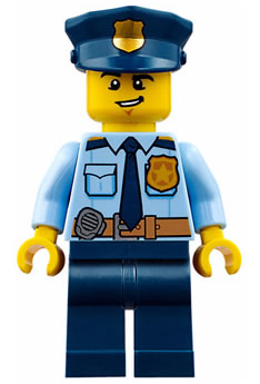 This LEGO minifigure is called, Police, City Shirt with Dark Blue Tie and Gold Badge, Dark Tan Belt with Radio, Dark Blue Legs, Police Hat with Gold Badge, Lopsided Grin . It's minifig ID is cty0743.