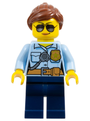 This LEGO minifigure is called, Police, City Officer Female, Bright Light Blue Shirt with Badge and Radio, Dark Blue Legs, Reddish Brown Ponytail and Swept Sideways Fringe . It's minifig ID is cty0744.