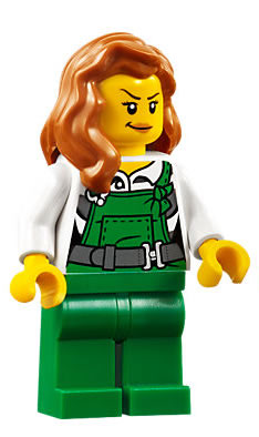 This LEGO minifigure is called, Police, City Bandit Female with Green Overalls, Dark Orange Female Hair over Shoulder, Peach Lips Smirk . It's minifig ID is cty0745.