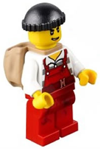 This LEGO minifigure is called, Police, City Bandit Male with Red Overalls, Black Knit Cap, Backpack, Lopsided Open Mouth Smile . It's minifig ID is cty0746.