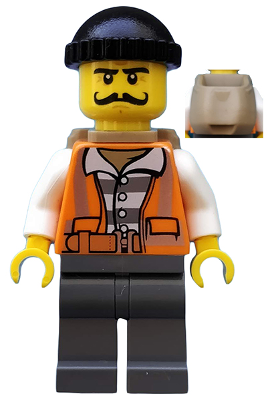 This LEGO minifigure is called, Police, City Bandit Male with Orange Vest, Black Knit Cap, Moustache Curly Long . It's minifig ID is cty0754.