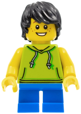 This LEGO minifigure is called, Beachgoer, Boy, Lime Hoodie and Blue Legs . It's minifig ID is cty0771.