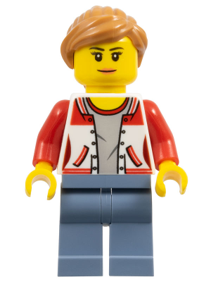 This LEGO minifigure is called, City Bus Passenger, Female Jacket Open with Number '8' on Back, Sand Blue Legs, Medium Nougat Hair Ponytail, Peach Lips . It's minifig ID is cty0783.