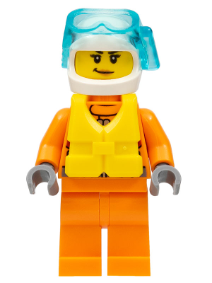 This LEGO minifigure is called, Coast Guard City, Female Rescuer with Scuba Diver Mask . It's minifig ID is cty0826.