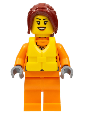 This LEGO minifigure is called, Coast Guard City, Female Watercraft Pilot with Dark Red Hair . It's minifig ID is cty0827.