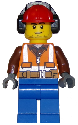 This LEGO minifigure is called, Forester, Male, Orange Safety Vest, Reflective Stripes, Reddish Brown Shirt, Blue Legs, Red Construction Helmet with Black Ear Protectors / Headphones, Stubble . It's minifig ID is cty0840.