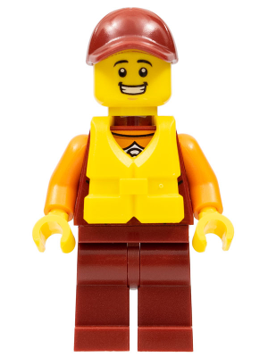 This LEGO minifigure is called, Coast Guard City, Rescuer, Dark Red Cap with Big Smile and Life Jacket . It's minifig ID is cty0866.