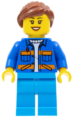 This LEGO minifigure is called, Garbage Worker, Female, Blue Jacket with Diagonal Lower Pockets and Orange Stripes, Dark Azure Legs, Reddish Brown Ponytail . It's minifig ID is cty0957.