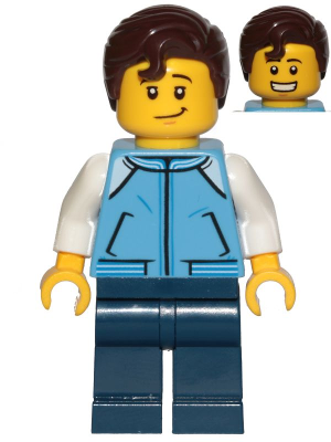 This LEGO minifigure is called, Teenage Boy, Medium Blue Jacket, Dark Blue Legs, Dark Brown Hair Swept Right with Front Curl . It's minifig ID is cty1021.