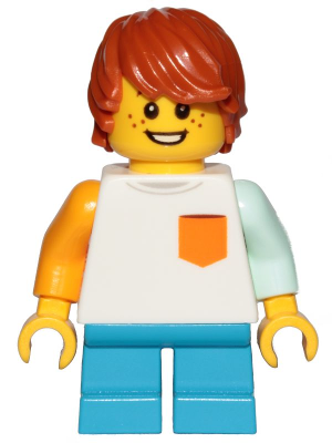 This LEGO minifigure is called, Boy, Freckles, White Shirt with Orange Pocket, Dark Azure Short Legs, Dark Orange Hair Tousled with Side Part . It's minifig ID is cty1023.