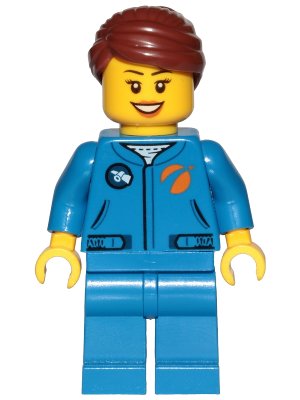 This LEGO minifigure is called, Astronaut, Female, Blue Jumpsuit, Reddish Brown Hair Swept Back Into Bun, Open Mouth Smile . It's minifig ID is cty1036.