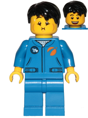 This LEGO minifigure is called, Astronaut, Male, Blue Jumpsuit, Black Hair Short Tousled with Side Part, Queasy and Open Mouth Smile . It's minifig ID is cty1040.