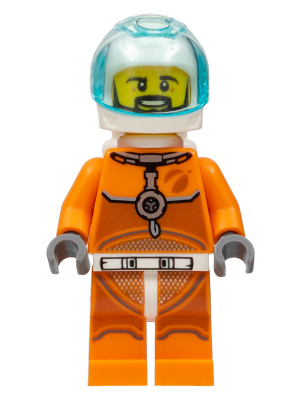 This LEGO minifigure is called, Astronaut, Male, Orange Spacesuit with Dark Bluish Gray Lines, Trans-Light Blue Visor, Black Angular Beard . It's minifig ID is cty1063.
