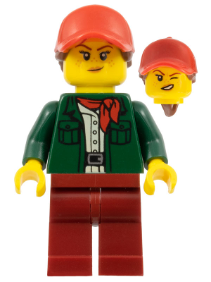 This LEGO minifigure is called, Safari Tourist, Female, Dark Green Jacket, Dark Red Legs, Red Ball Cap with Reddish Brown Ponytail . It's minifig ID is cty1099.