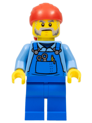 This LEGO minifigure is called, Tow Truck Driver, Male, Blue Overalls over Medium Blue Shirt, Blue Legs, Red Bandana, Beard, Back Print . It's minifig ID is cty1103.