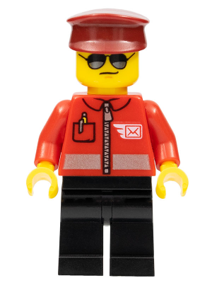 This LEGO minifigure is called, Post Office, Airmail Letter Logo and Red Jacket with Zipper, Dark Red Hat, Black Legs, Sunglasses . It's minifig ID is cty1106.