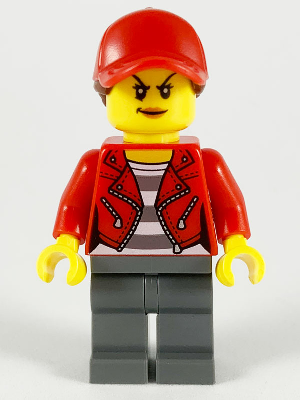 This LEGO minifigure is called, Police, City Bandit Crook, Red Jacket, Red Ball Cap with Reddish Brown Ponytail, Dark Bluish Gray Legs . It's minifig ID is cty1147.