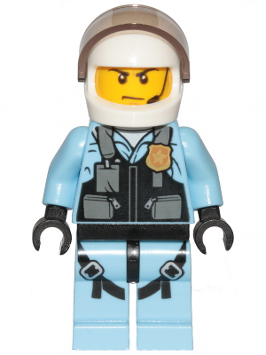 This LEGO minifigure is called, Police, Helicopter Pilot, Bright Light Blue Jumpsuit . It's minifig ID is cty1148.