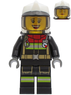 This LEGO minifigure is called, Fire, Female, Black Jacket and Legs with Reflective Stripes and Red Collar, White Fire Helmet, Trans-Brown Visor (Sarah Feldman) . It's minifig ID is cty1250.