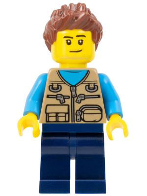 This LEGO minifigure is called, Camper Van Owner, Male, Dark Tan Vest over Dark Azure Shirt, Dark Blue Legs, Reddish Brown Spiked Hair, Stubble . It's minifig ID is cty1261.