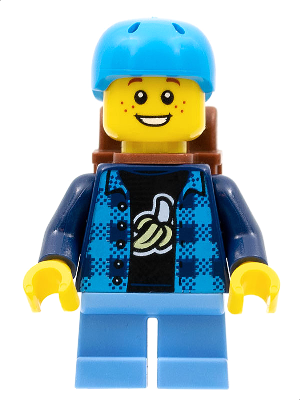 This LEGO minifigure is called, Skateboarder, Boy, Banana Shirt, Dark Azure Helmet, Backpack, Medium Blue Short Legs . It's minifig ID is cty1332.