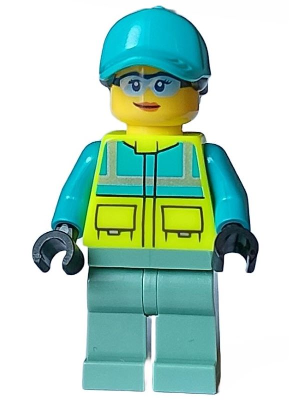 This LEGO minifigure is called, Paramedic, Female, Dark Turquoise and Neon Yellow Safety Vest, Sand Green Legs, Dark Turquoise Cap with Black Ponytail Hair, Safety Glasses . It's minifig ID is cty1573.