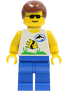 This LEGO minifigure is called, Divers, Boatie, Fish and Dolphin Shirt, Brown Male Hair . It's minifig ID is div004.