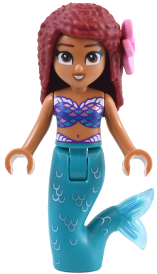 This LEGO minifigure is called, Ariel, Mermaid (Medium Nougat), Mini Doll, Bright Pink Flower . It's minifig ID is dp181.