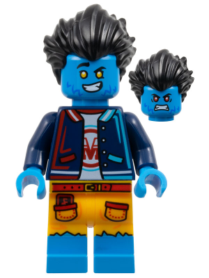 This LEGO minifigure is called, Logan, Dark Blue Jacket, Bright Light Orange Shorts . It's minifig ID is drm057.