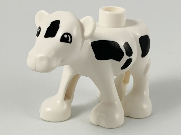 Display of LEGO part no. dupcalf1c01pb03 which is a White Duplo Cow Baby Calf, Walking, Black Spots, Eyes Semicircular Pattern 