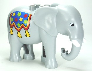 Display of LEGO part no. eleph3c01pb02 which is a Light Bluish Gray Duplo Elephant Adult, Walking, Molded Tusks, Eyes Squared Pattern with Blue Blanket with Stars and Tassels 